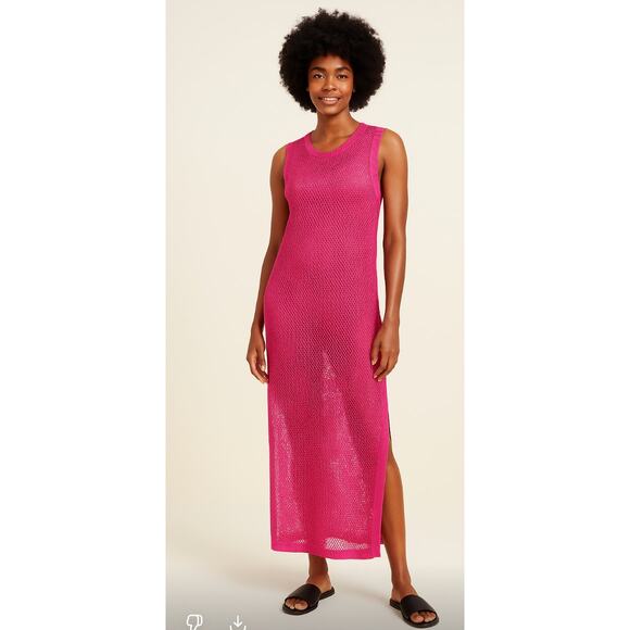 A New Day Hot Pink Metallic Mesh Knit Swim Cover Up Dress Sleeveless Maxi Size L - Picture 2 of 9